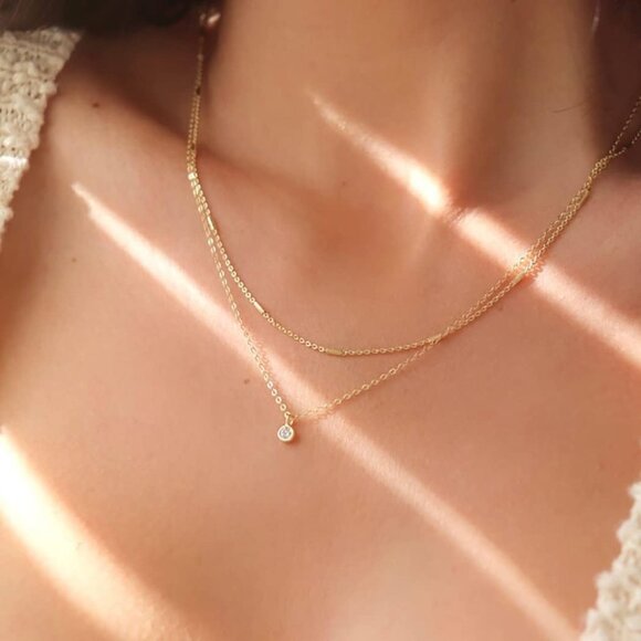 Layered Gold Necklace for Women Dainty Choker Chain with Cubic Zirconia Pendant - Picture 3 of 6